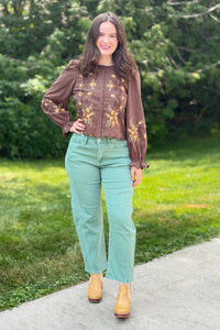 Barrel Leg Color Denim Pants - Olive