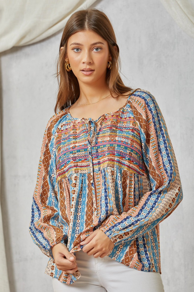 Embroidered Printed Top - Navy Mauve