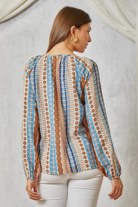 Embroidered Printed Top - Navy Mauve