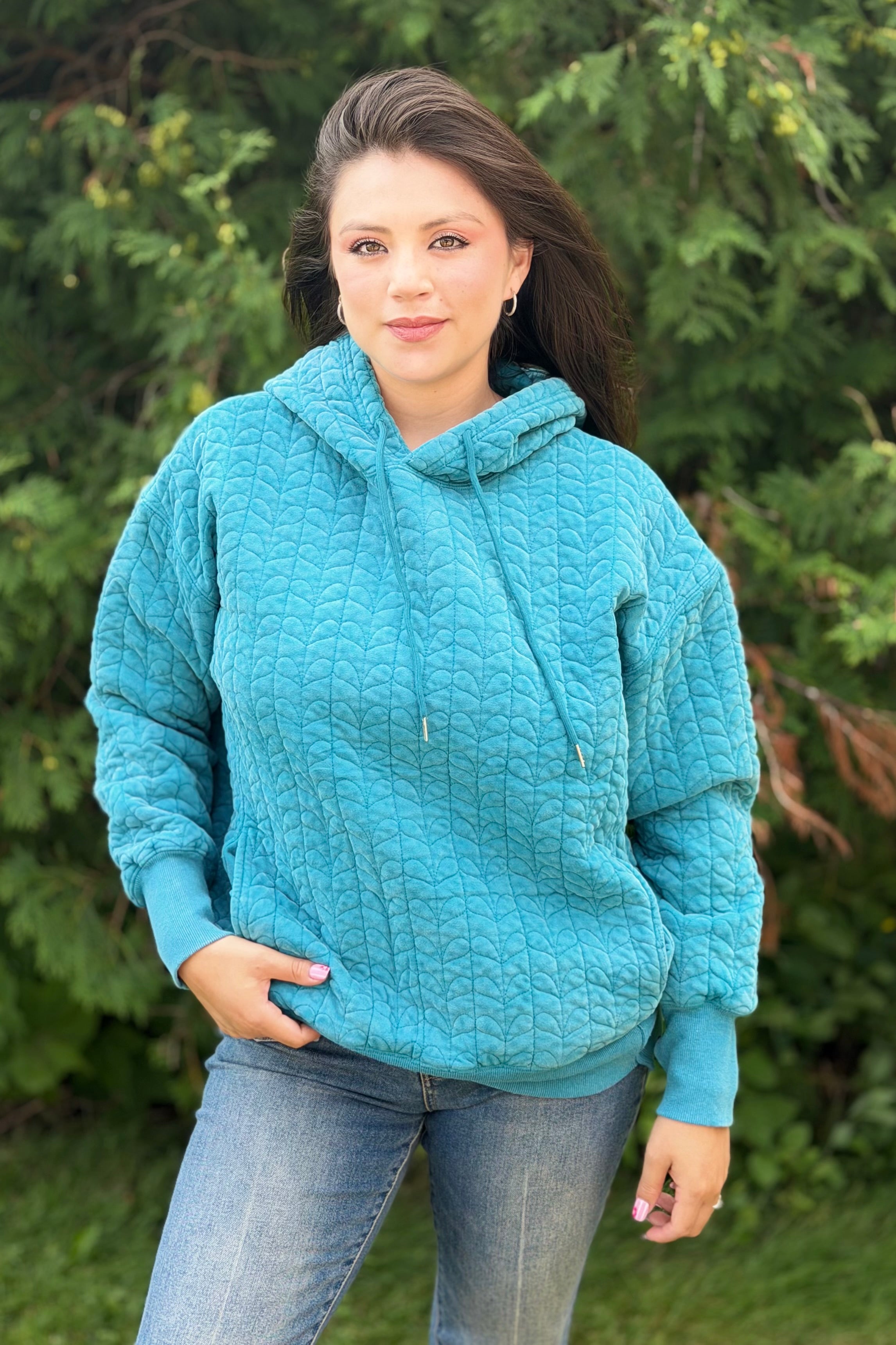 Heart Quilted Hoodie - Teal