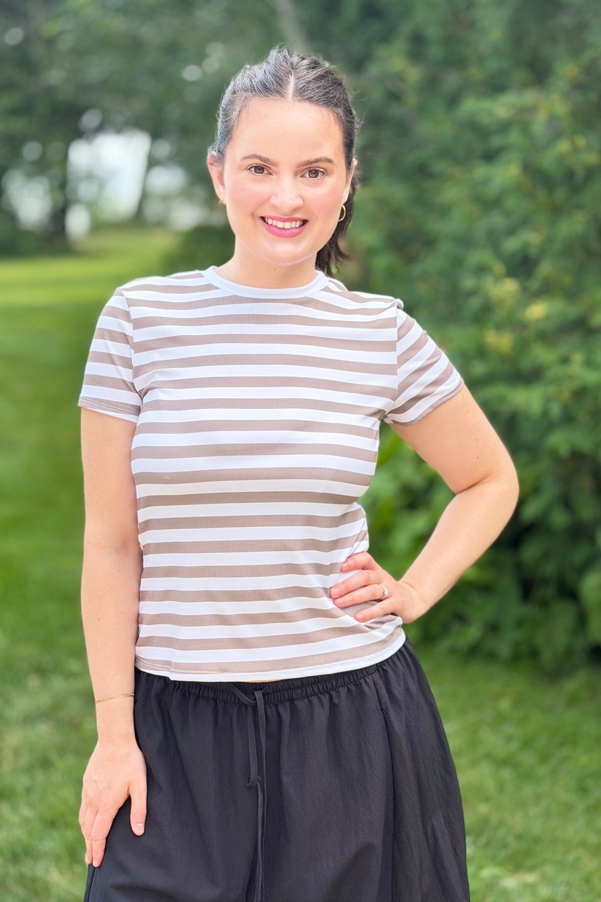 Stripe Ribbed Crewneck Top - Mocha