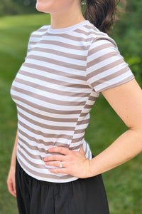Stripe Ribbed Crewneck Top - Mocha