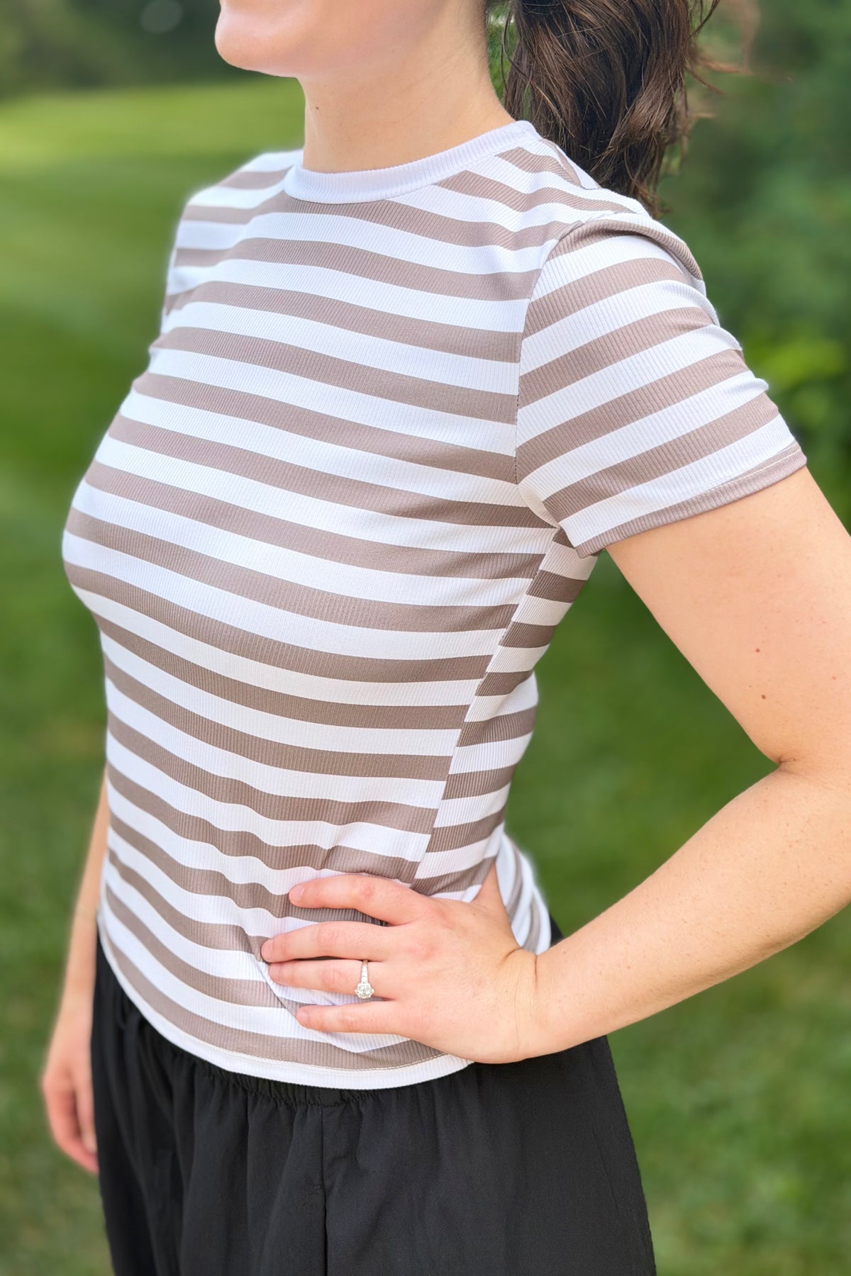 Stripe Ribbed Crewneck Top - Mocha