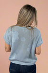 Short Sleeve Flower Knit Top - Sky