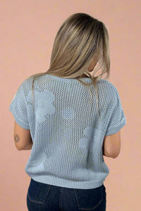 Short Sleeve Flower Knit Top - Sky