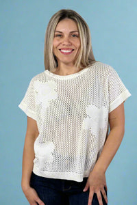 Short Sleeve Flower Knit Top - Off White