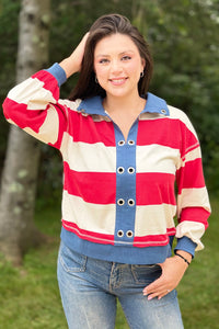 Contrast Collar Stripe Top - Red