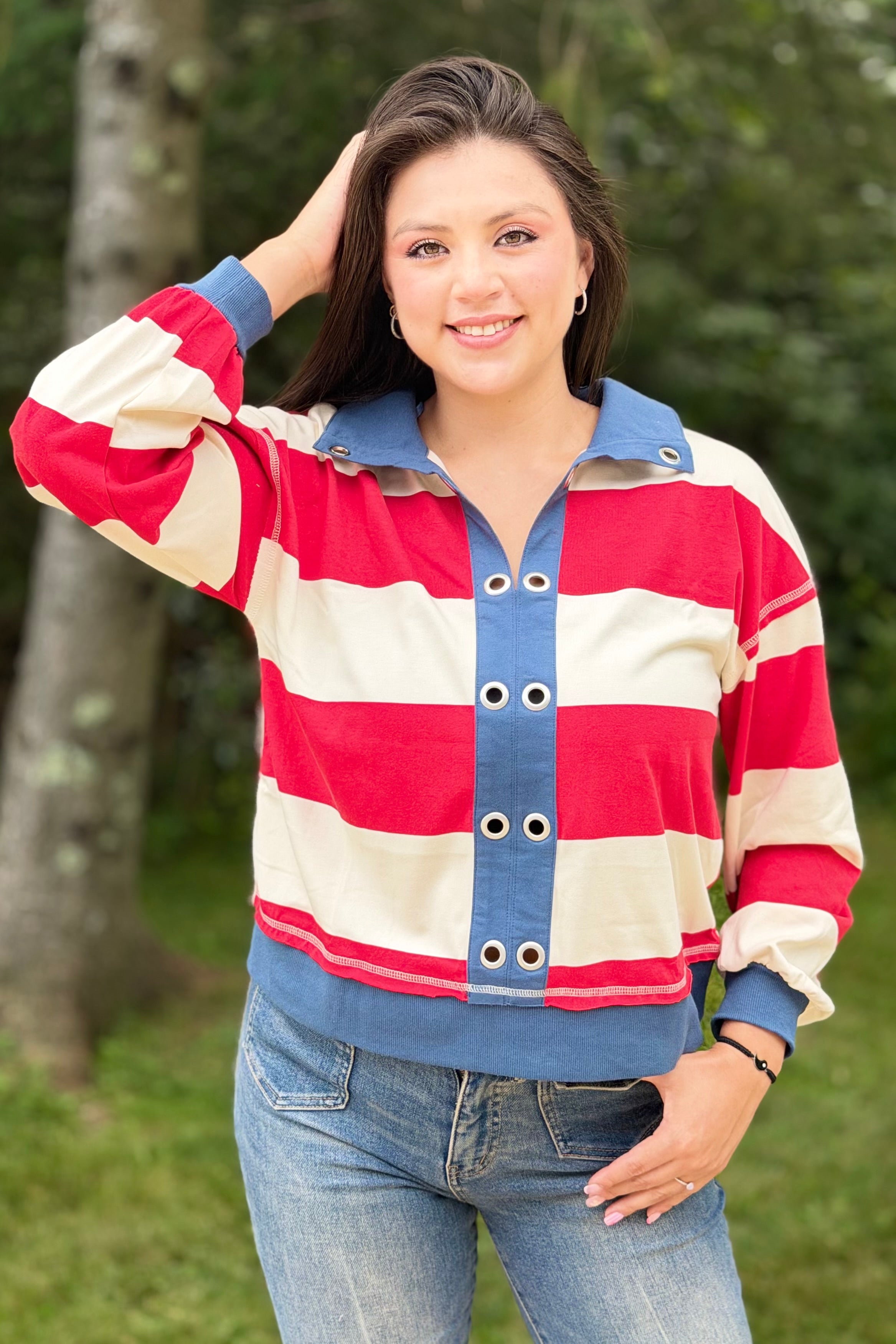 Contrast Collar Stripe Top - Red