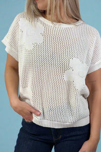 Short Sleeve Flower Knit Top - Off White