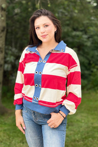 Contrast Collar Stripe Top - Red