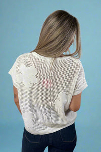 Short Sleeve Flower Knit Top - Off White