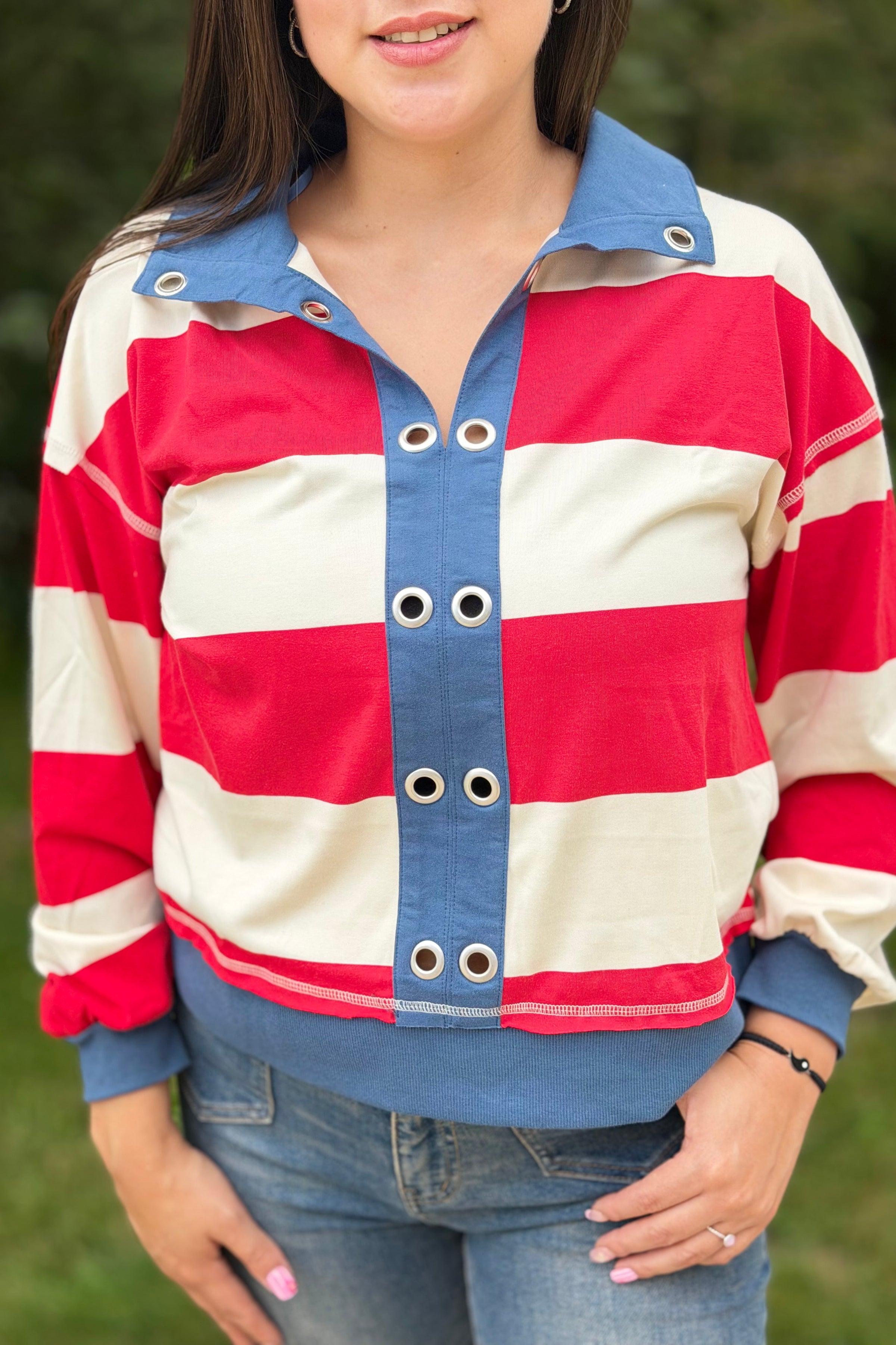 Contrast Collar Stripe Top - Red