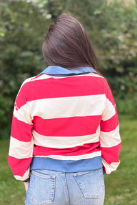 Contrast Collar Stripe Top - Red