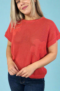Short Sleeve Flower Knit Top - Coral