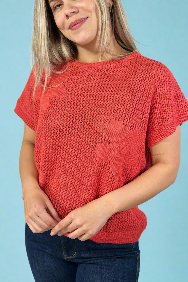 Short Sleeve Flower Knit Top - Coral