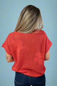Short Sleeve Flower Knit Top - Coral