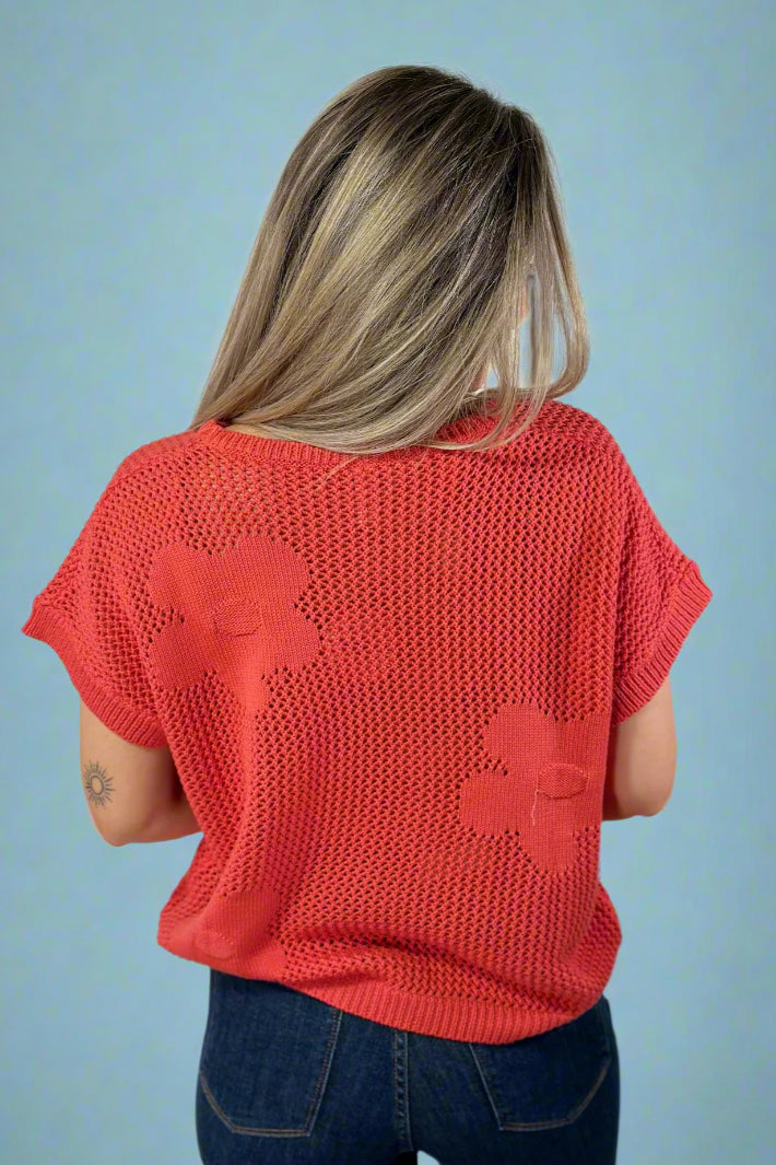 Short Sleeve Flower Knit Top - Coral