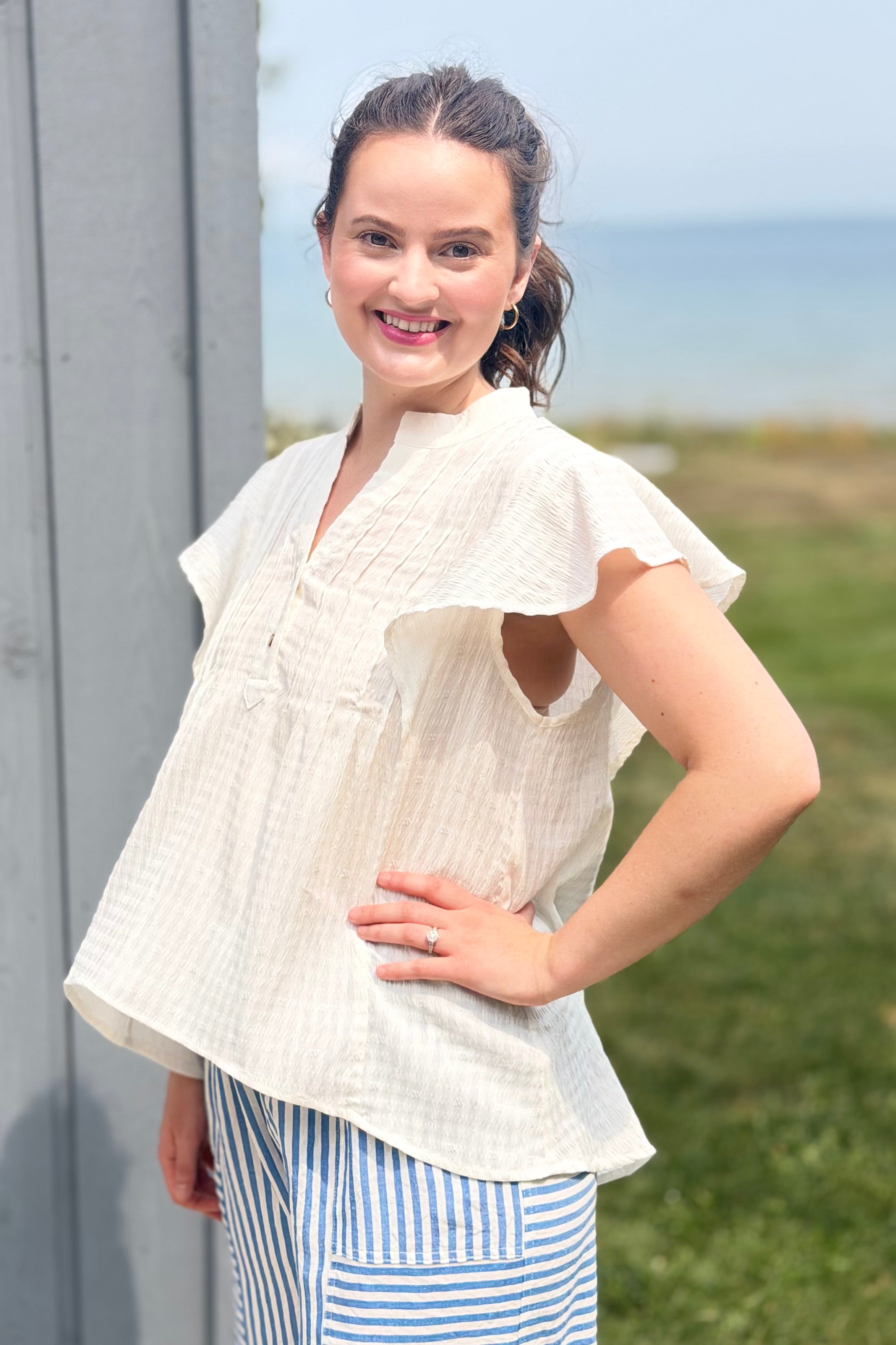 Notch Neck Pin Tuck Top - Ivory