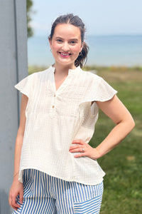 Notch Neck Pin Tuck Top - Ivory