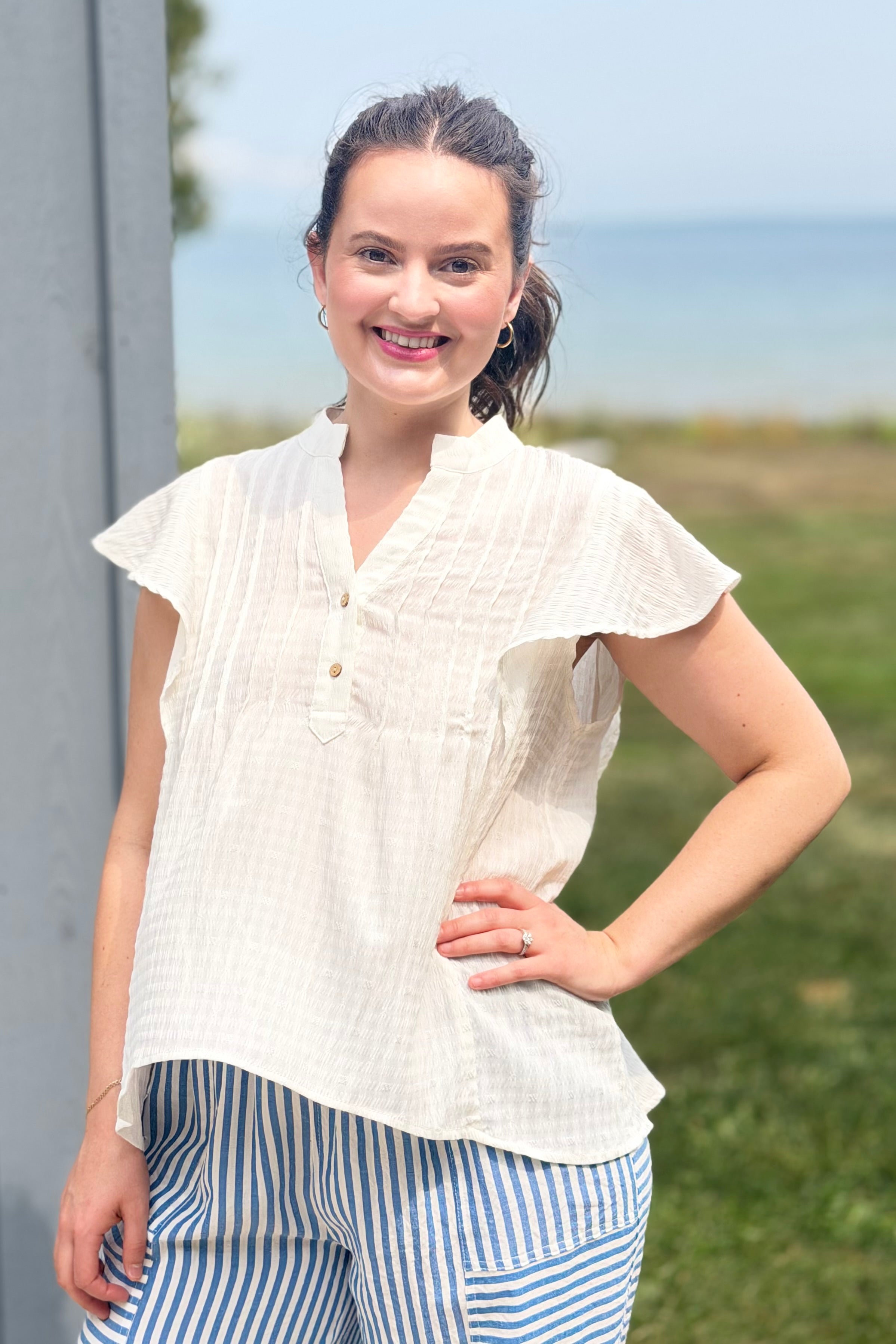 Notch Neck Pin Tuck Top - Ivory