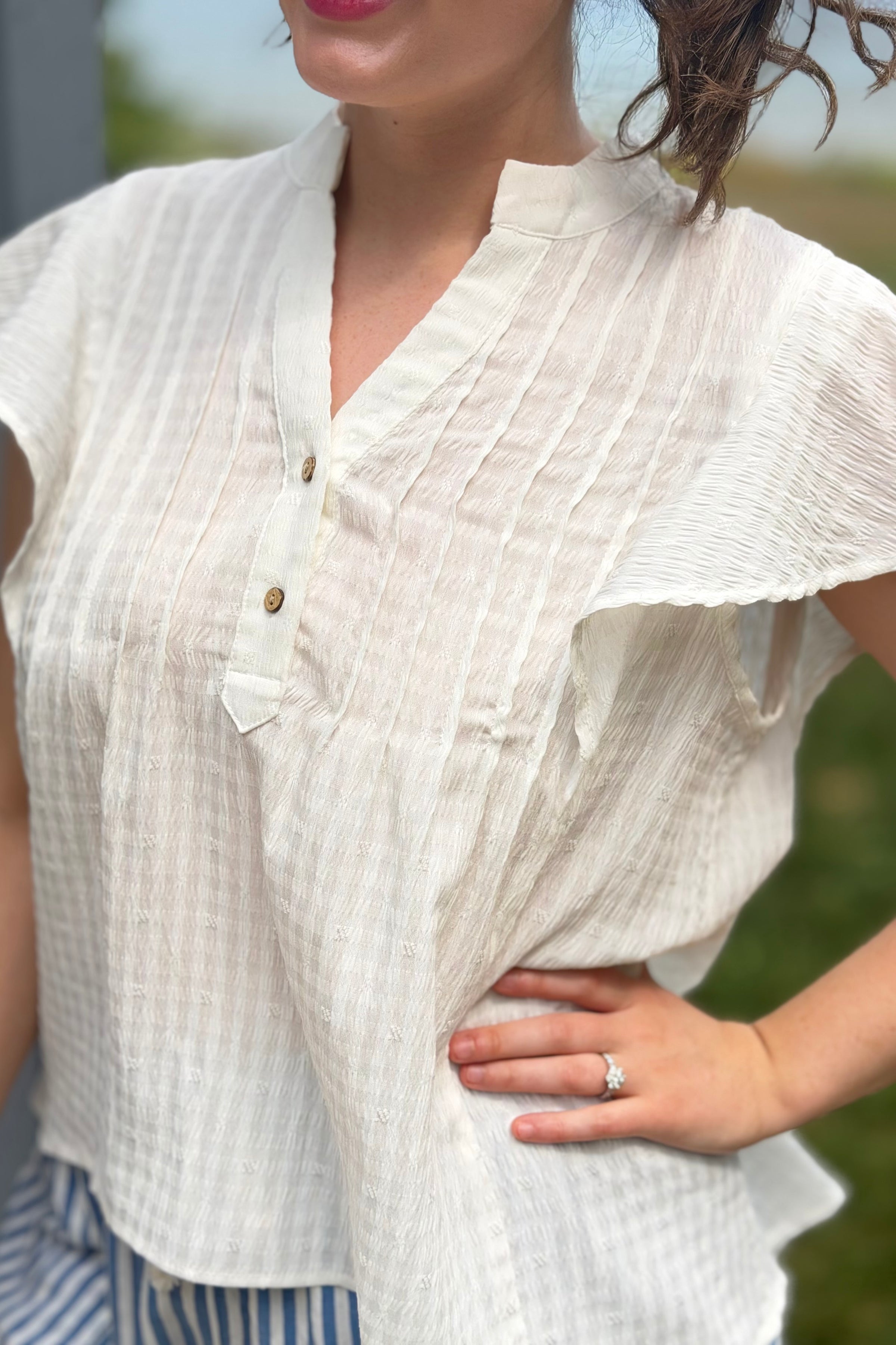 Notch Neck Pin Tuck Top - Ivory
