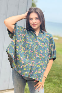 Floral Button Down Corduroy Top - Deep Olive