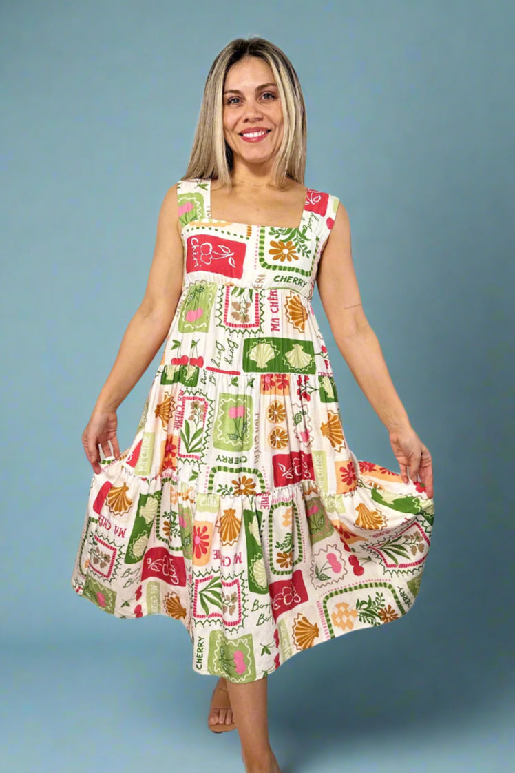 Cherry Print Midi Dress - Cream