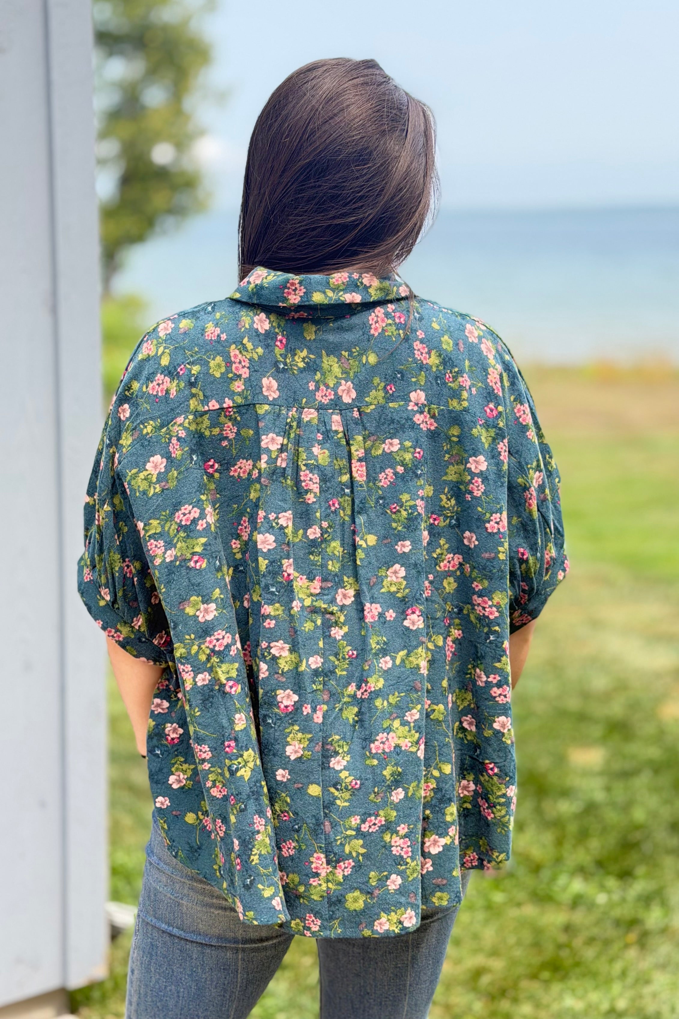 Floral Button Down Corduroy Top - Deep Olive