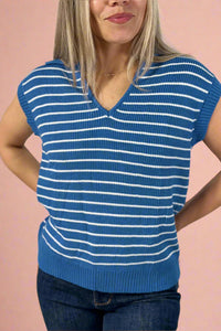 Striped Collar Sweater Vest - Blue