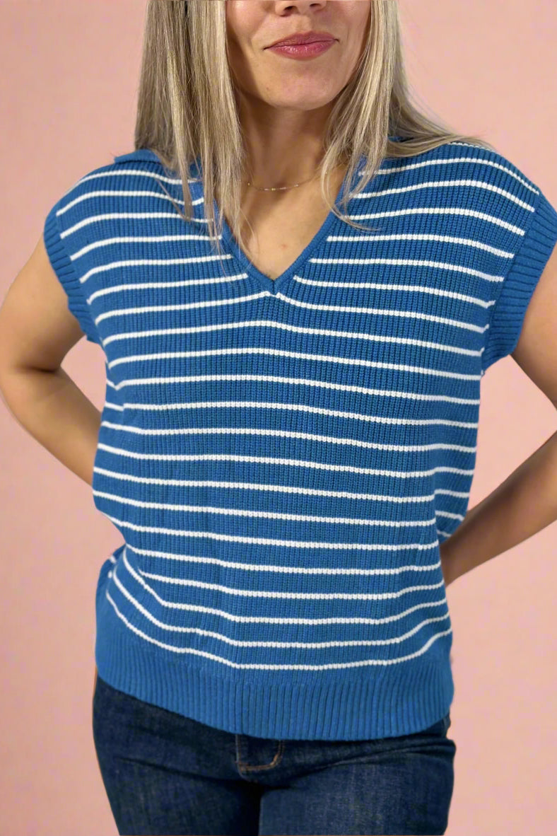 Striped Collar Sweater Vest - Blue
