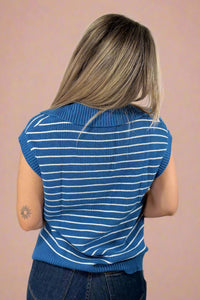 Striped Collar Sweater Vest - Blue