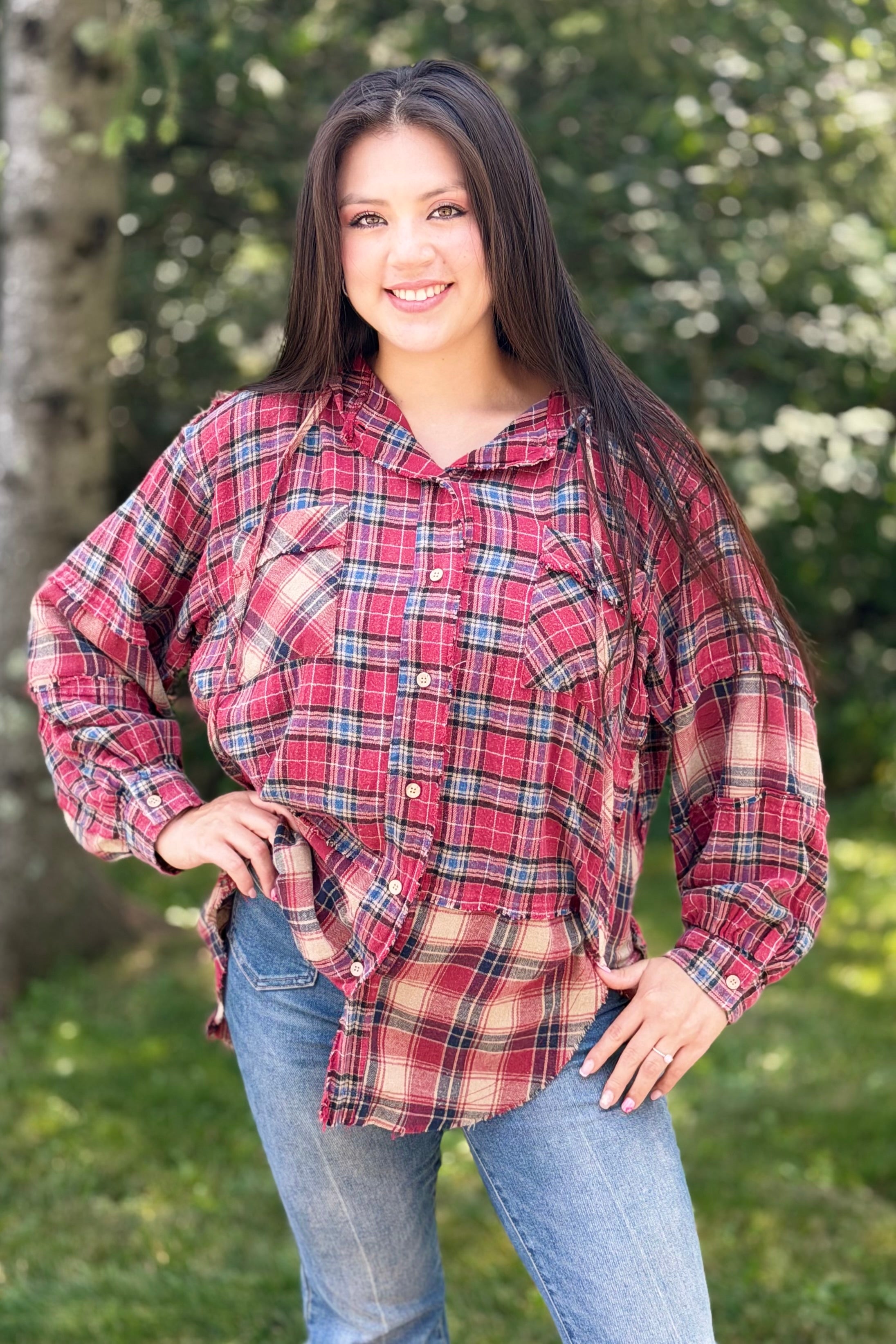 Mixed Plaid Flannel Hoodie - Berry