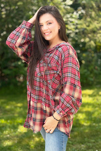 Mixed Plaid Flannel Hoodie - Berry