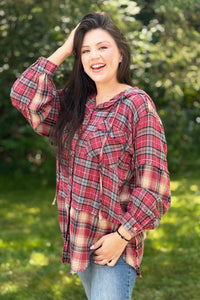 Mixed Plaid Flannel Hoodie - Berry