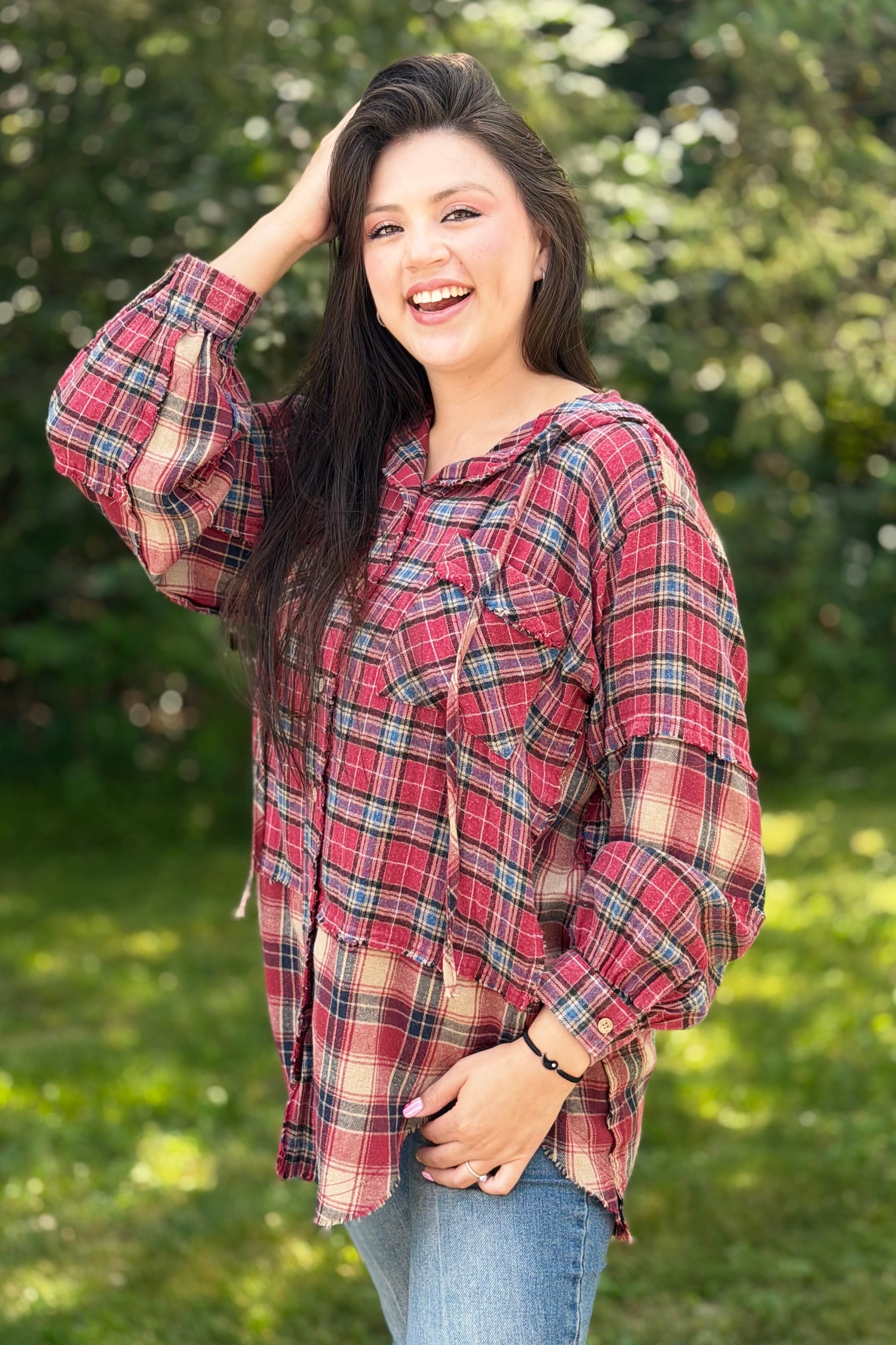 Mixed Plaid Flannel Hoodie - Berry
