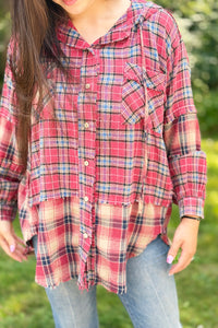 Mixed Plaid Flannel Hoodie - Berry