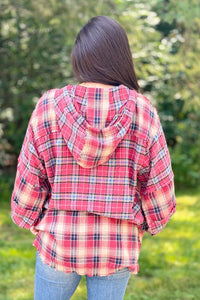 Mixed Plaid Flannel Hoodie - Berry