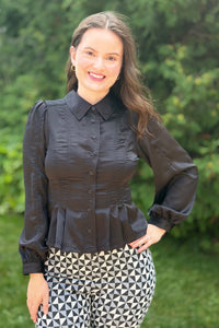 Pleated Waist Button Up Top - Black