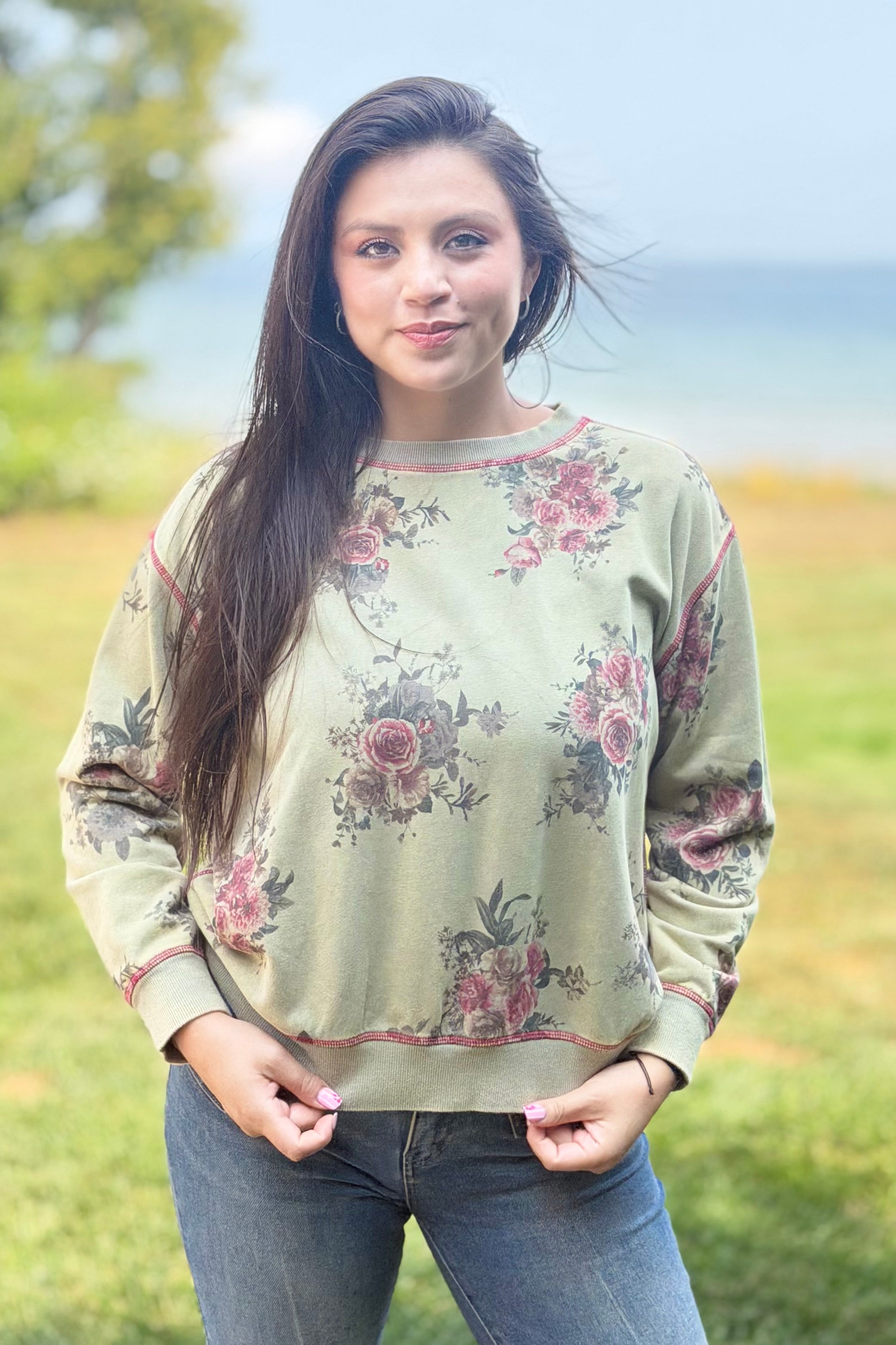 Floral Print Crewneck - Olive