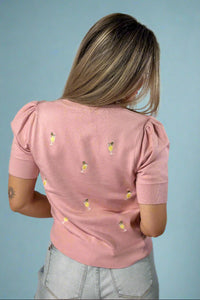 Puff Sleeve Embroidered Top - Pink