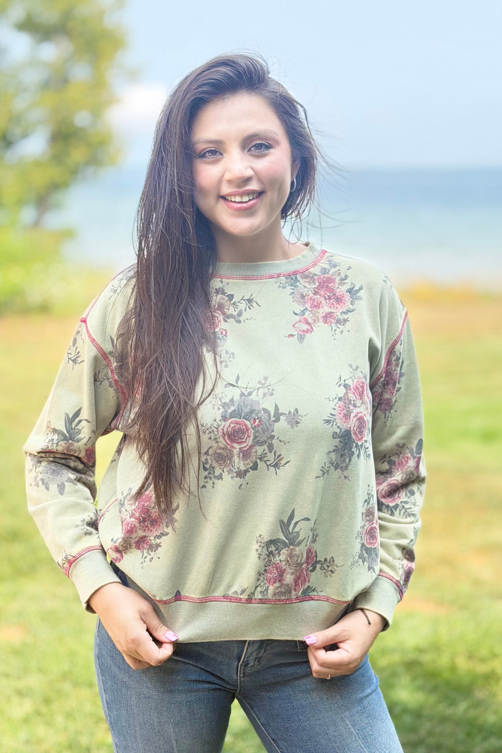 Floral Print Crewneck - Olive