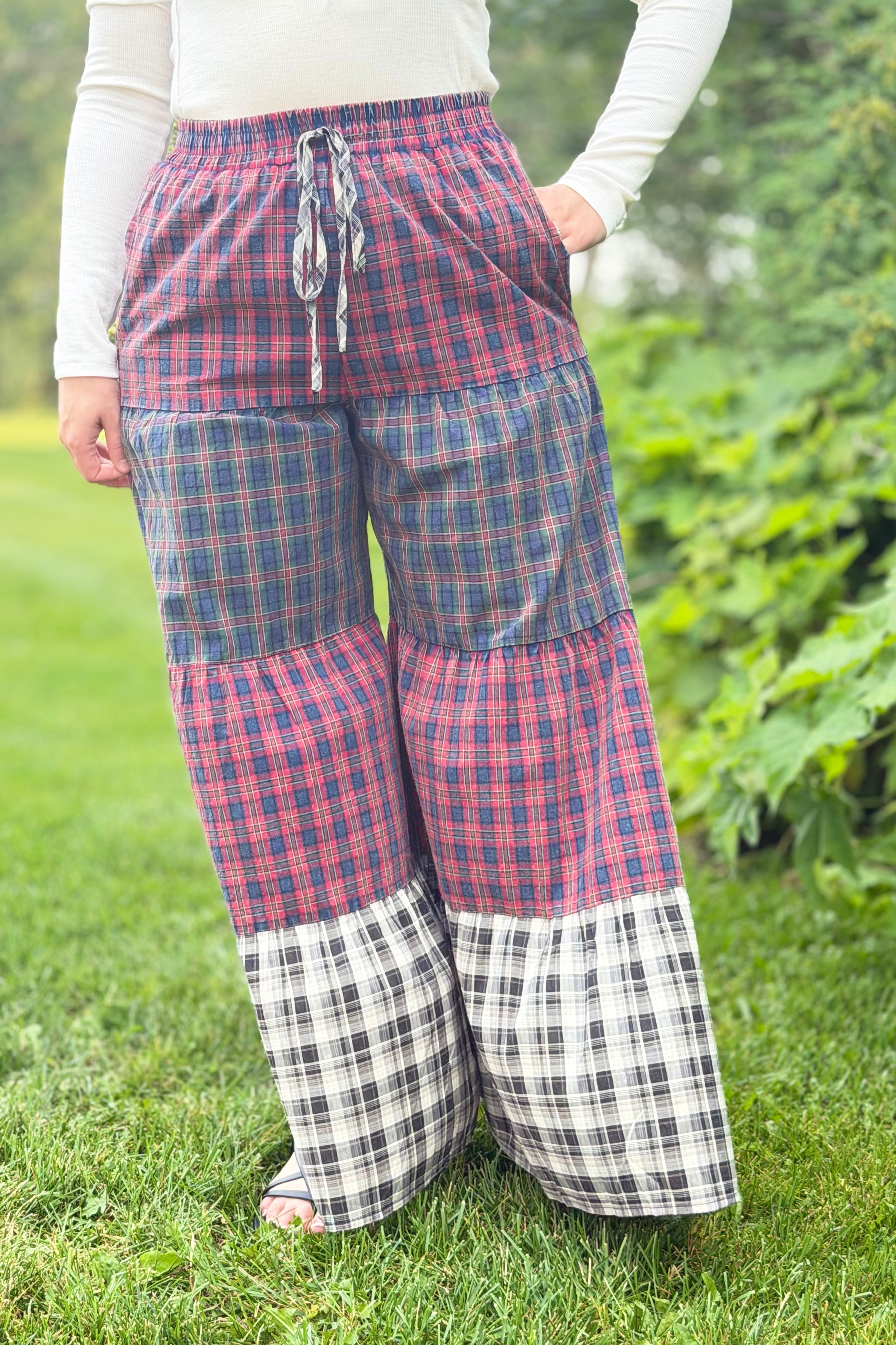 Acid Washed Patchwork Tiered Pants