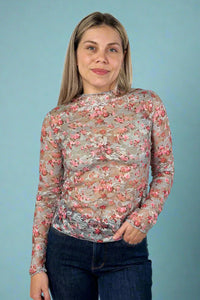 Long Sleeve Mesh Floral Top - Blue