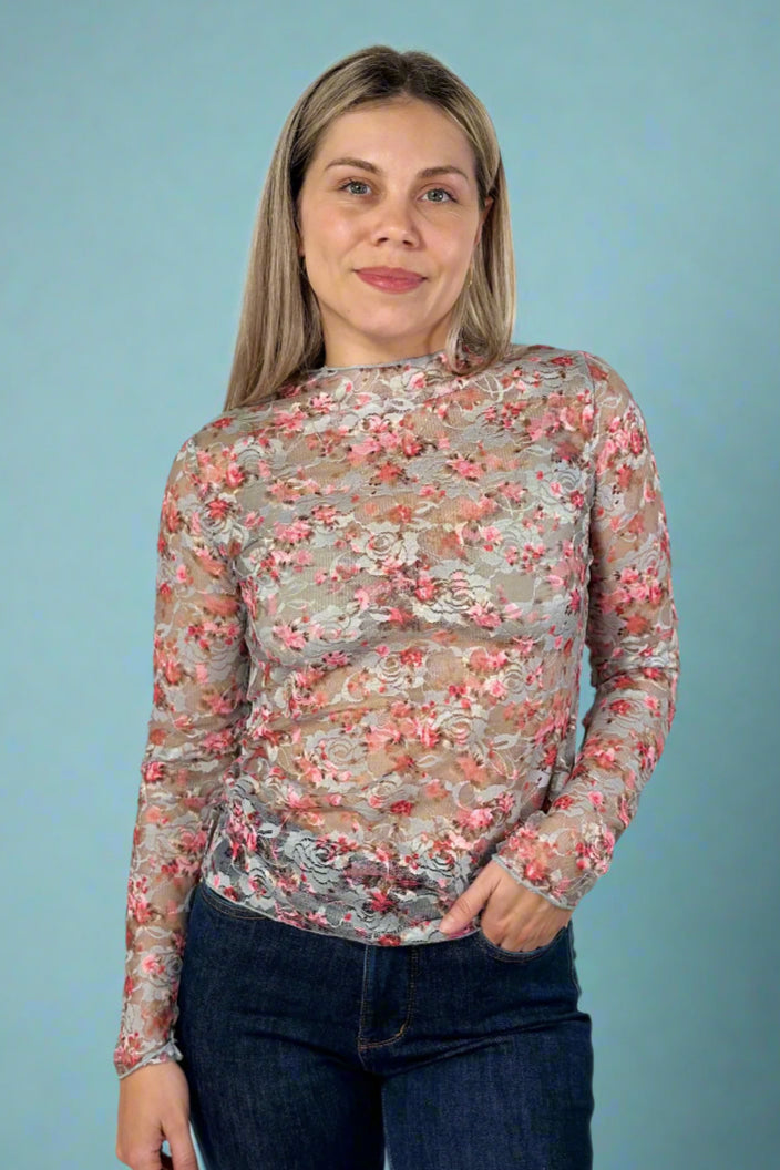 Long Sleeve Mesh Floral Top - Blue