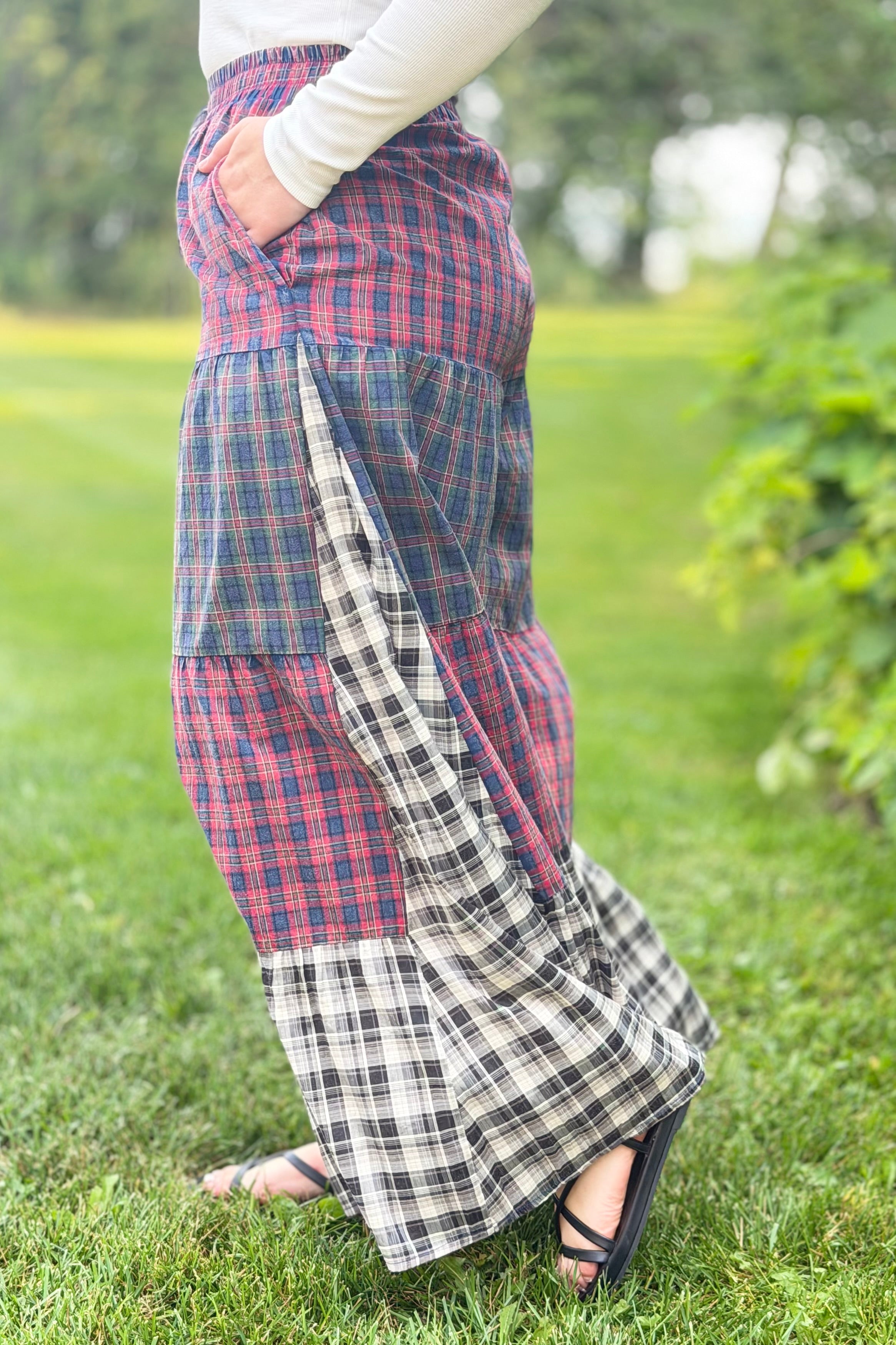 Acid Washed Patchwork Tiered Pants