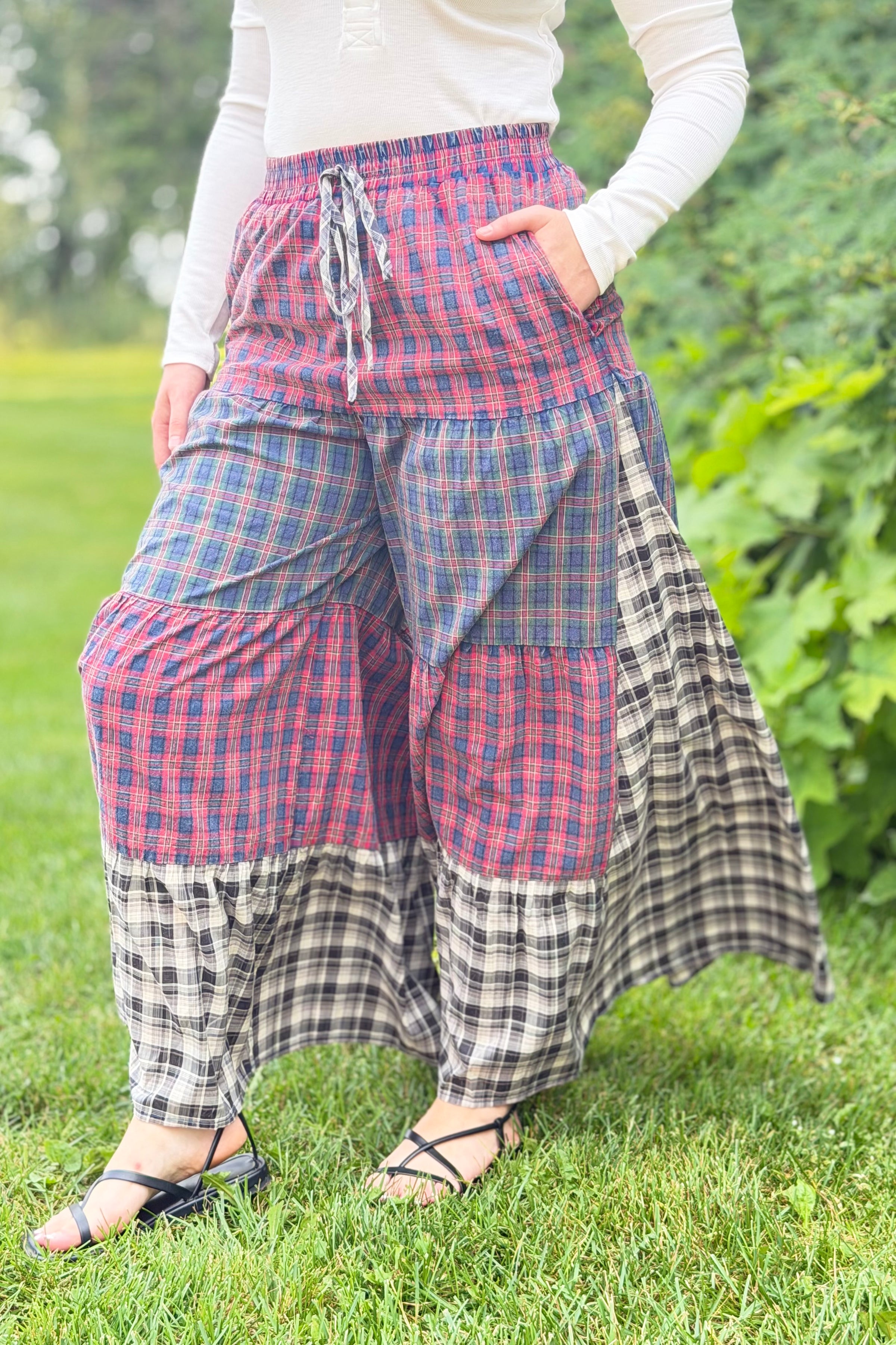 Acid Washed Patchwork Tiered Pants
