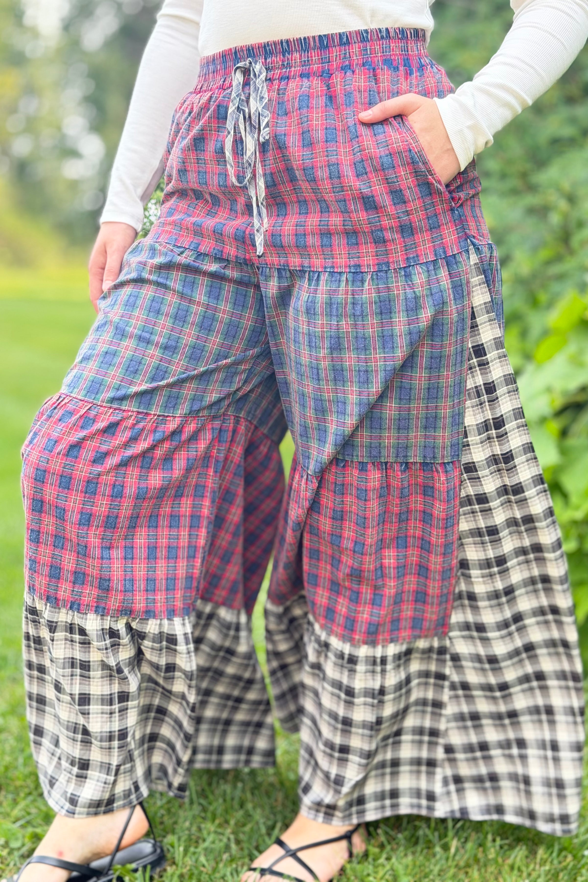 Acid Washed Patchwork Tiered Pants