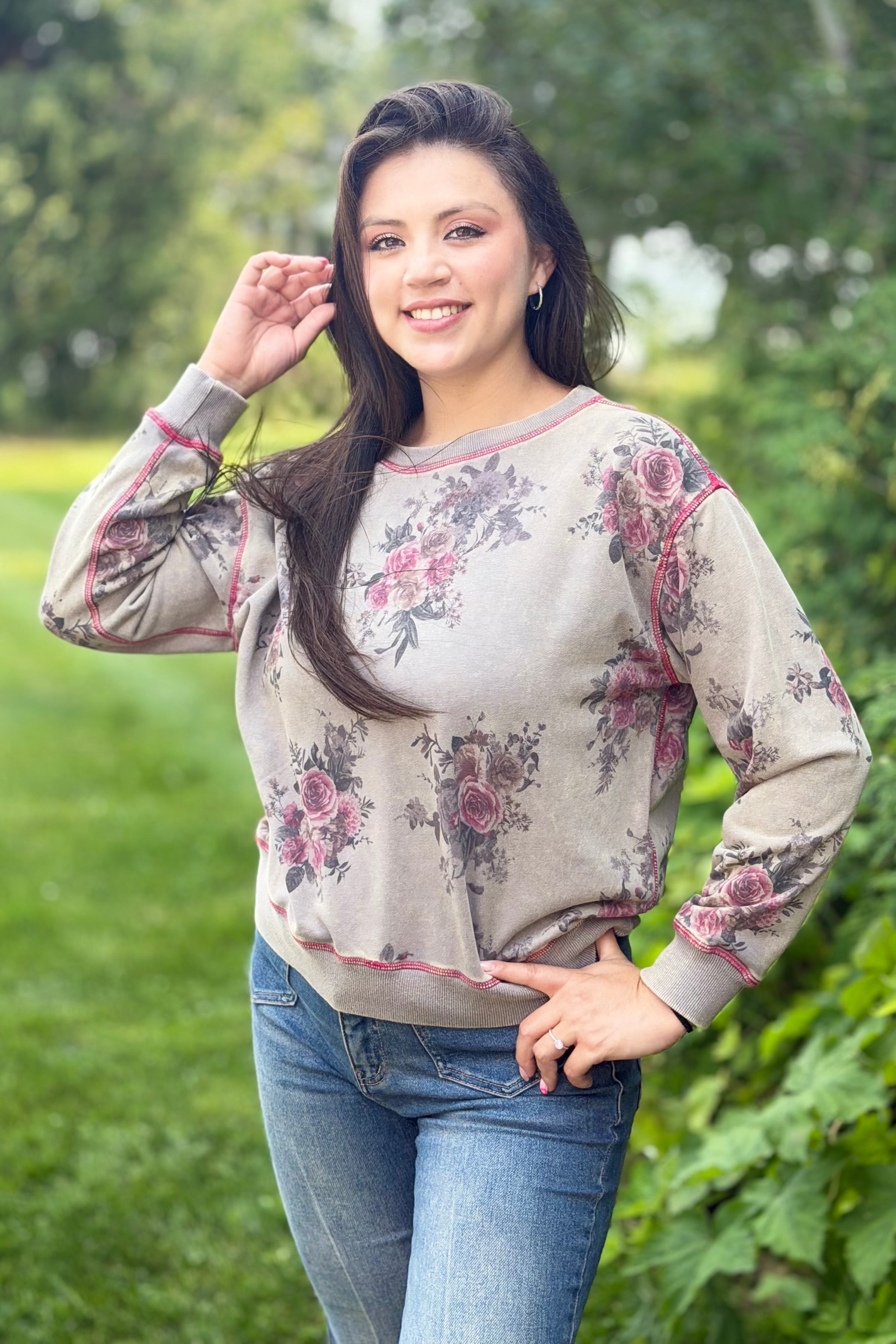 Floral Print Crewneck - Ash