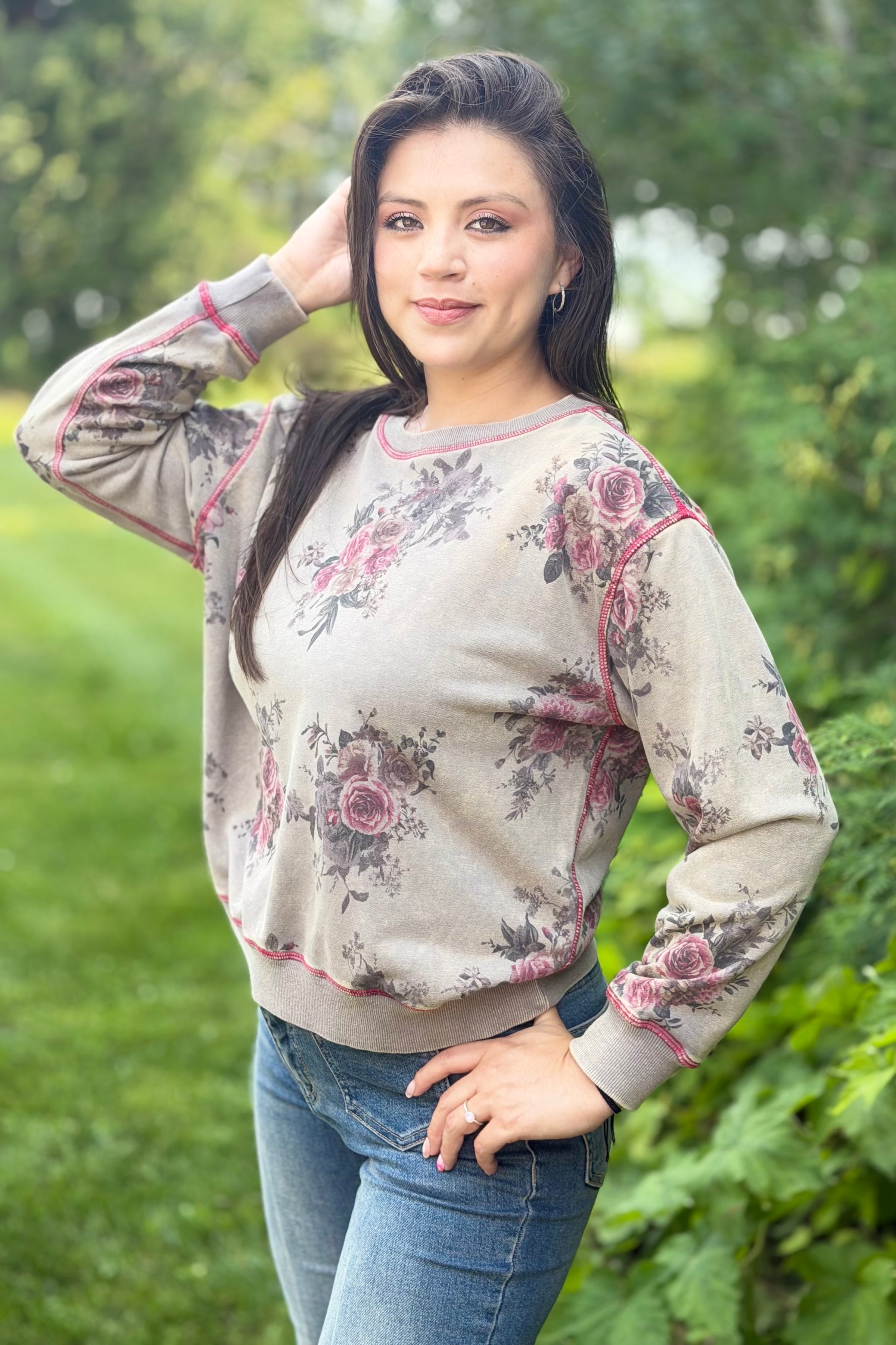 Floral Print Crewneck - Ash