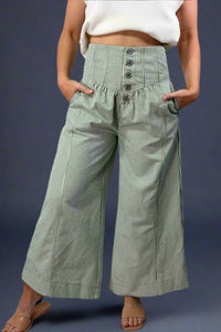 Button Down Stripe Wide Leg Pants - Green